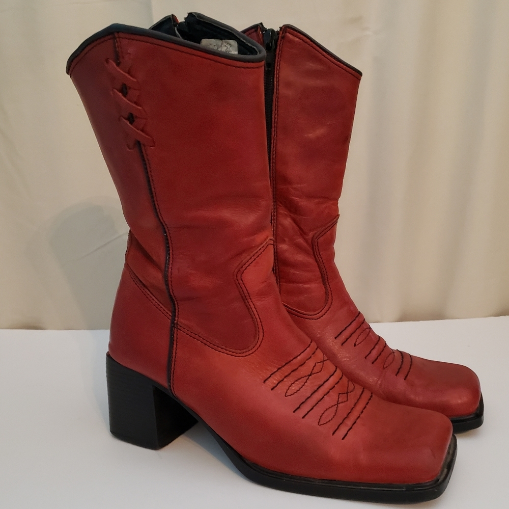 Vintage Western Boots Red Leather Size 37 EU 6.5 US Mid Calf Lattice Cowboy